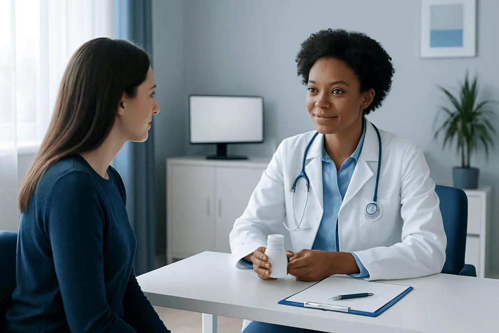 Doctor consulting with patient in a modern medical office.