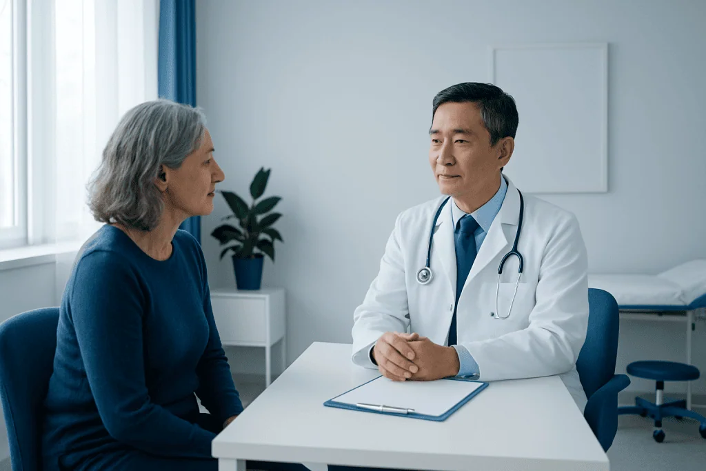 Doctor consulting with an elderly female patient in a medical office.