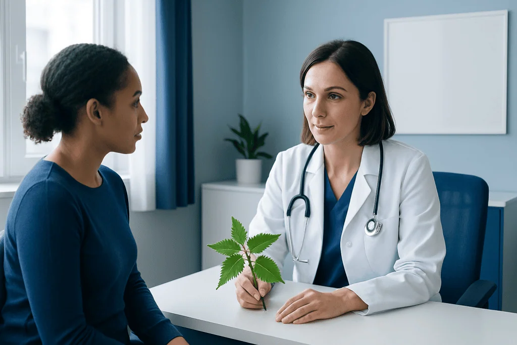 Doctor consulting with a patient about medicinal herbs and health benefits.