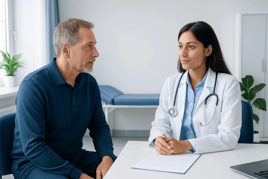Doctor consulting with an older male patient in a medical office setting.