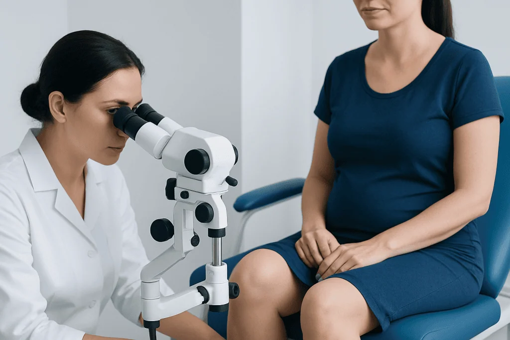 Doctor examining a patient with a microscope in a medical clinic.