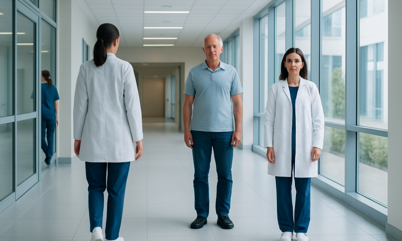 Posterior vs Anterior: Key Differences and How Doctors Tell Them Apart 2 Medical professionals and a patient in a hospital corridor at Acibadem Hospitals Group.