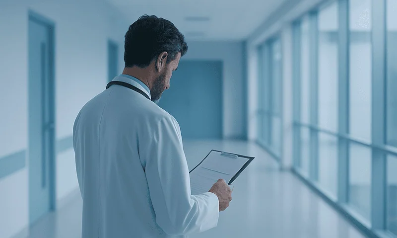 Doctor reviewing medical records in a modern hospital corridor.