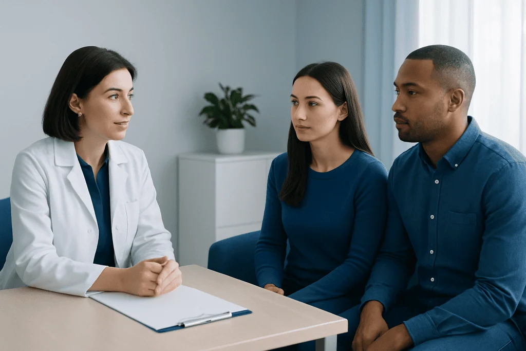 Fertility consultation with a doctor and couple in a clinic setting.