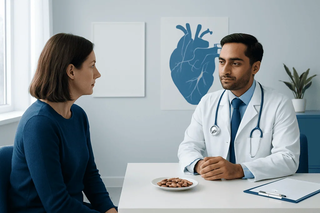 Doctor consulting with a patient in a medical office with heart diagram on the wall.