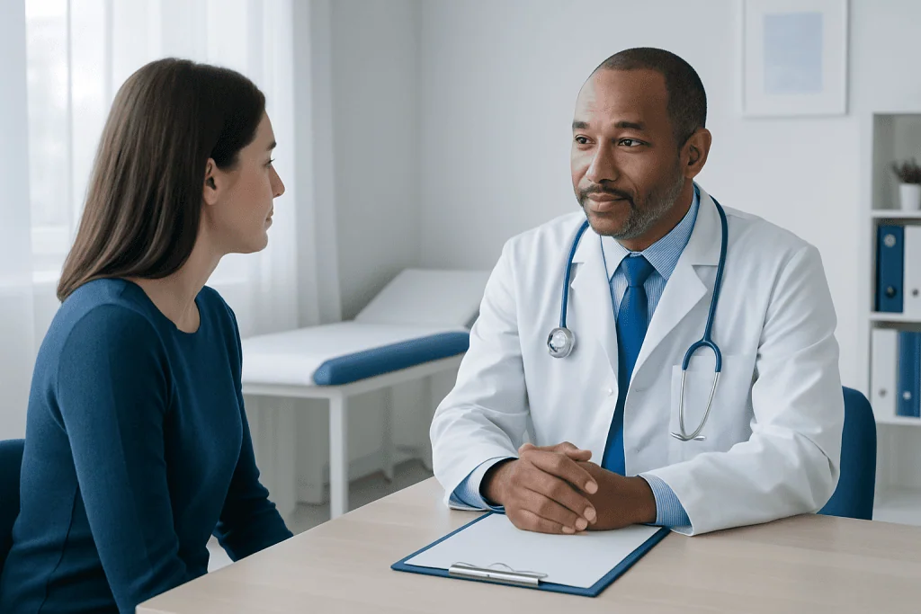 Doctor consulting with a female patient in a medical office.