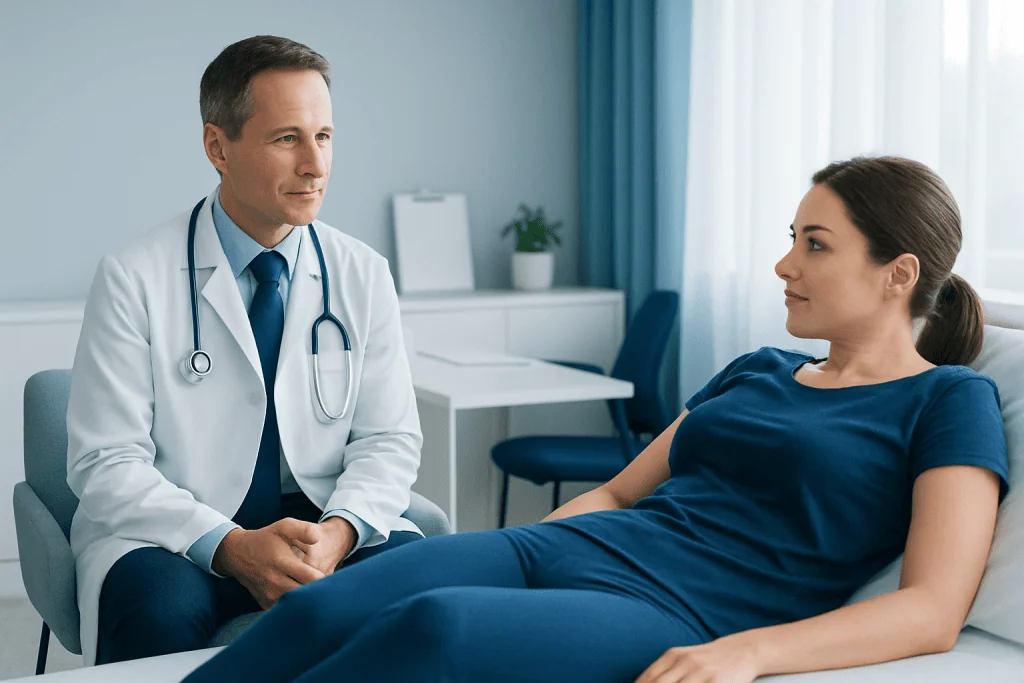 Doctor consulting with a female patient in a medical office.