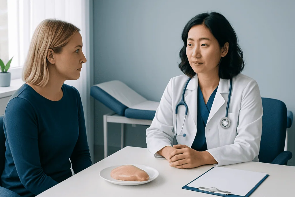 Doctor consulting a patient about chicken breast protein health.