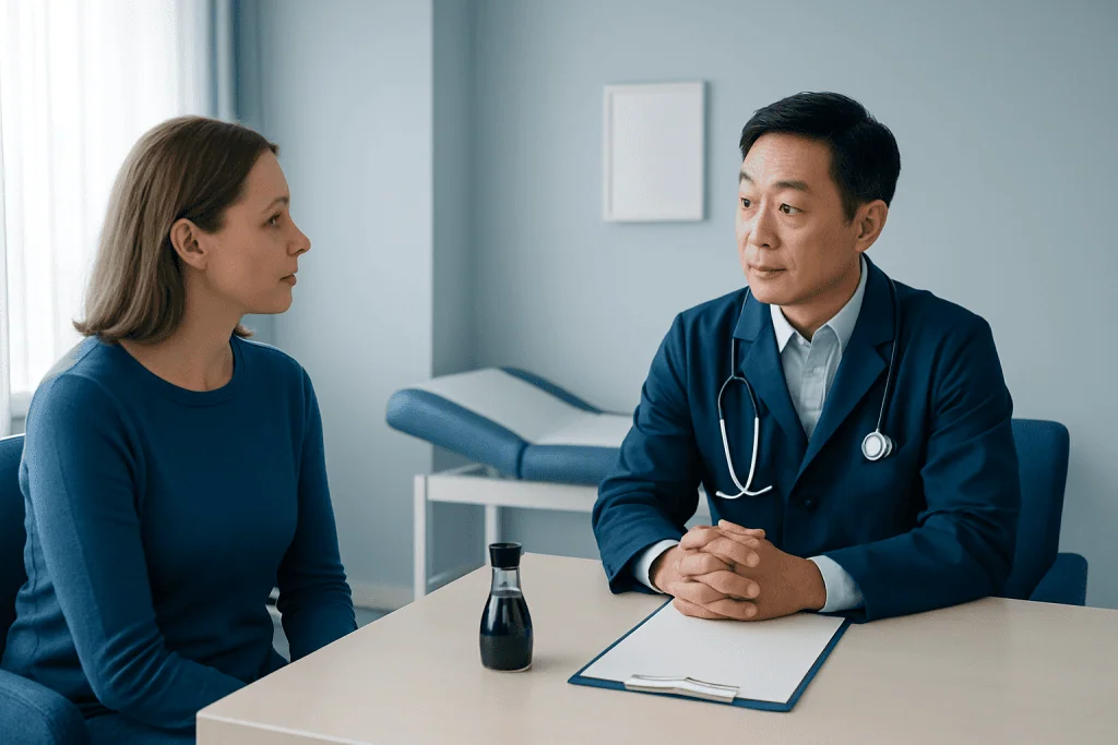 Doctor consulting with a female patient in a medical office setting.