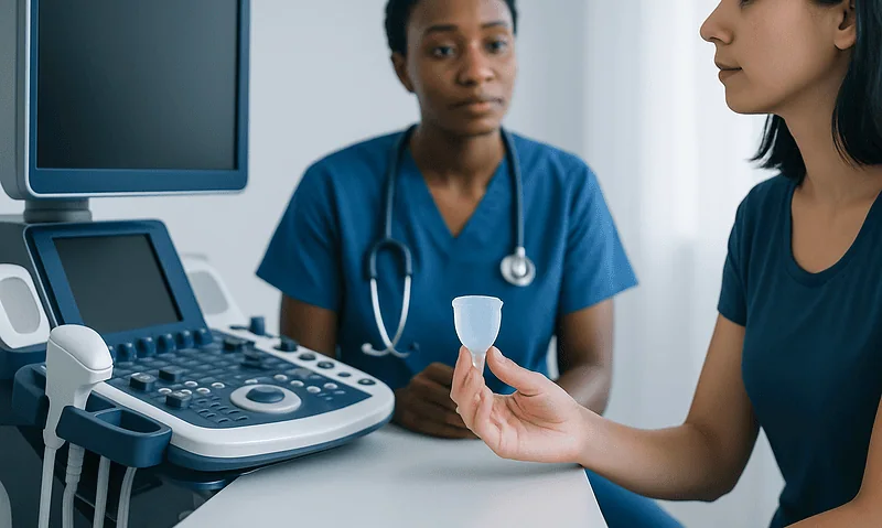 Female patient discussing menstrual cup with healthcare professional in clinic.