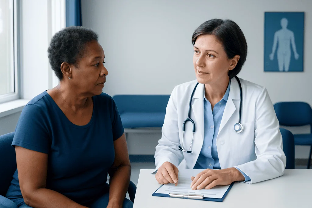 Doctor consulting with a patient in a medical office setting.