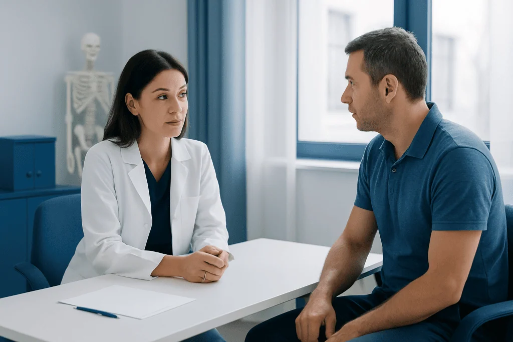 Doctor consulting with a male patient in a medical office setting.