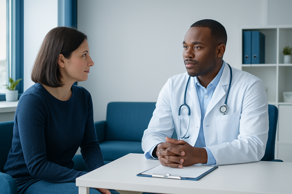 Doctor consulting with a female patient in a modern clinic setting.