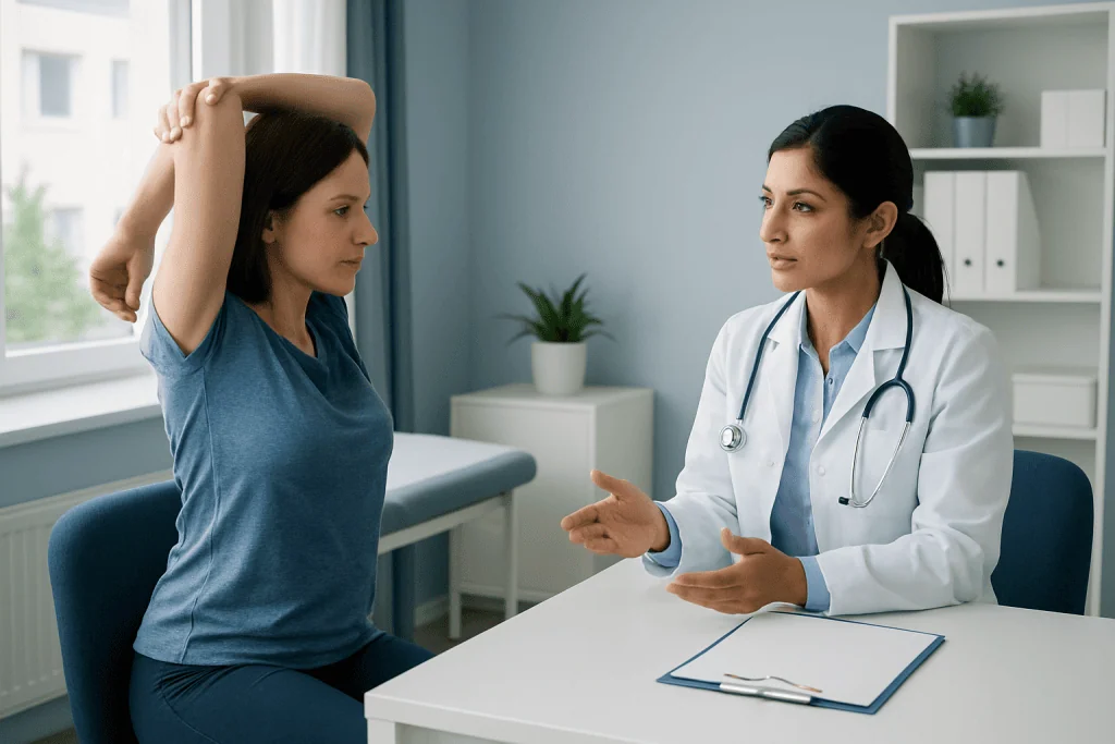 Doctor consulting with a patient about shoulder pain in a medical office.