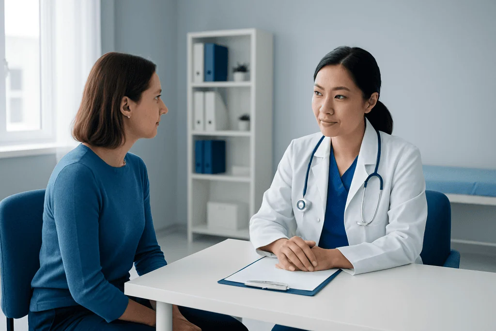 Doctor consulting with a patient in a modern medical office.