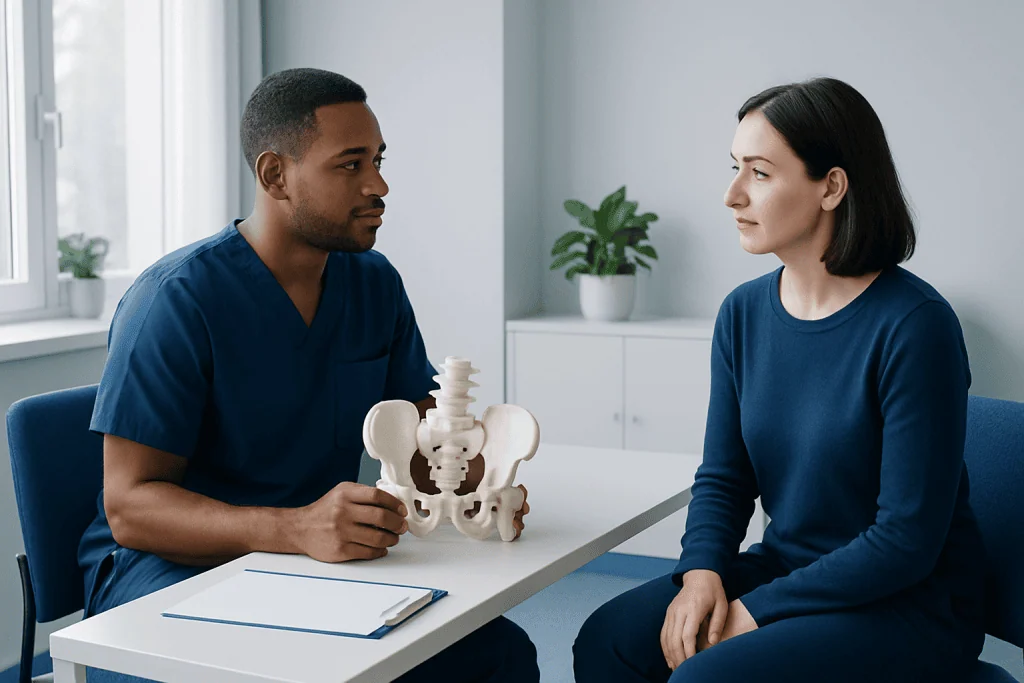 Medical consultation on hip health with anatomical model at clinic.