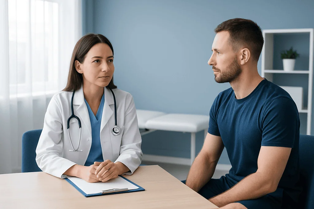Doctor consulting with male patient in a medical office setting.