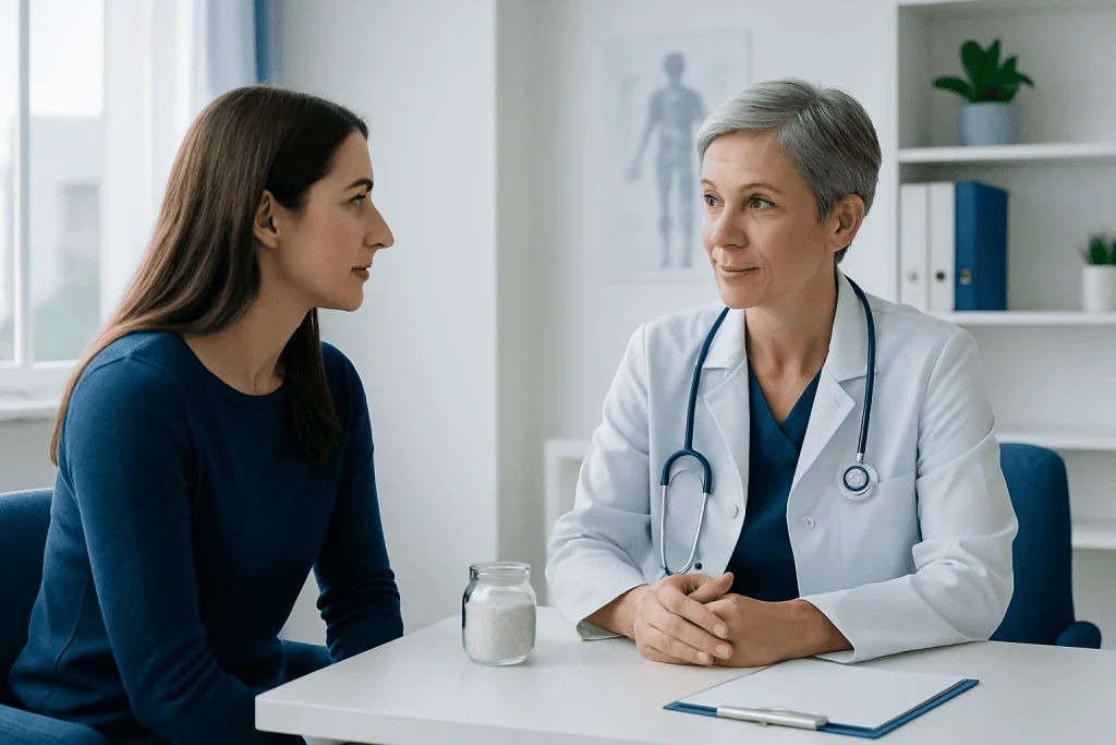 Doctor consulting with a young female patient in a medical office.