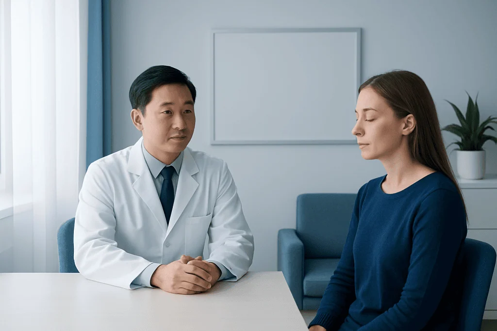 Doctor consulting with a female patient in a modern clinic setting.