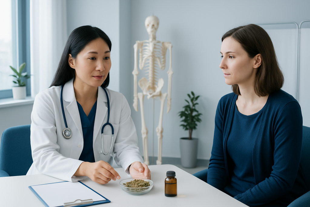 Doctor consulting a patient about herbal medicine options in a clinic setting.