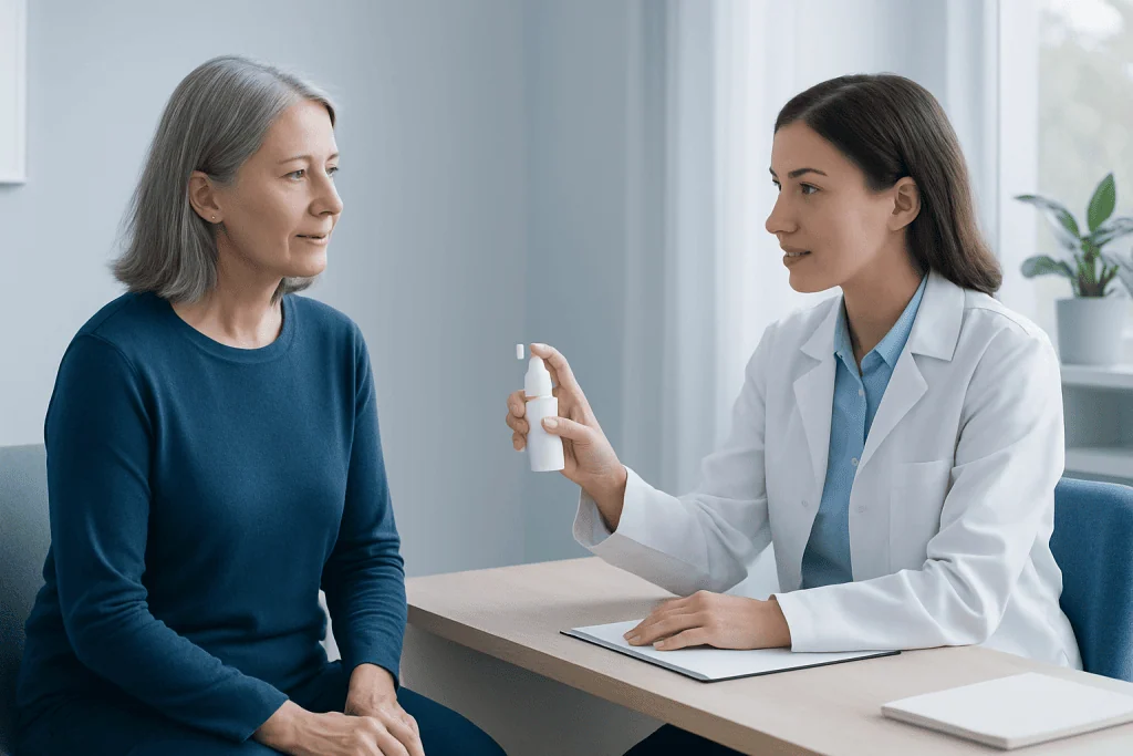 Doctor explaining medication to an elderly woman in a clinic setting.