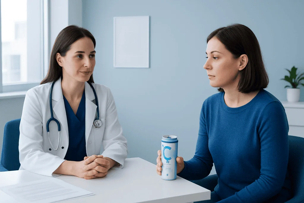 Doctor consulting patient about Celsius Drink benefits in a medical office.