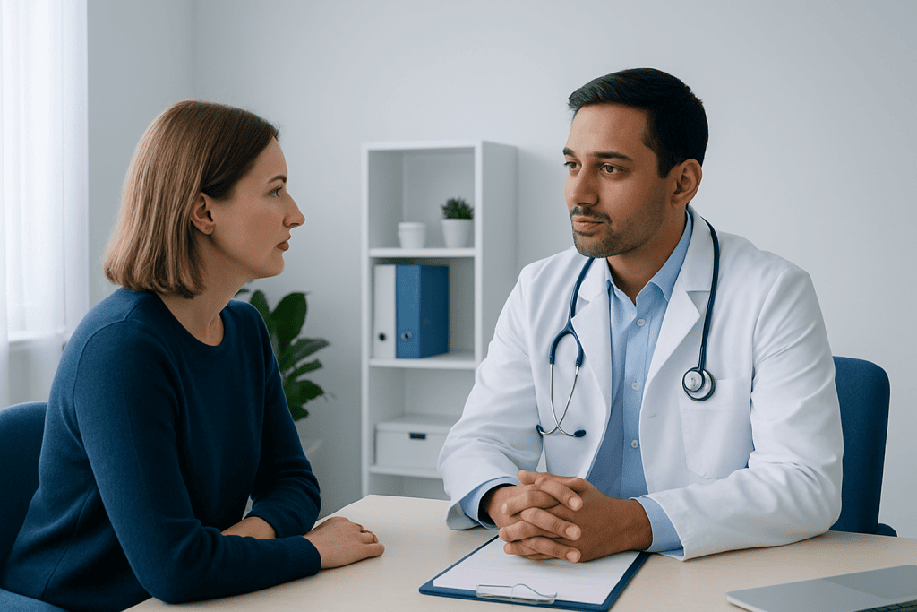Doctor consulting with a female patient in a modern clinic setting.