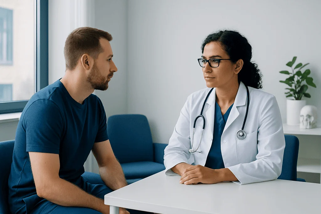 Doctor consulting with a patient in a modern medical office.