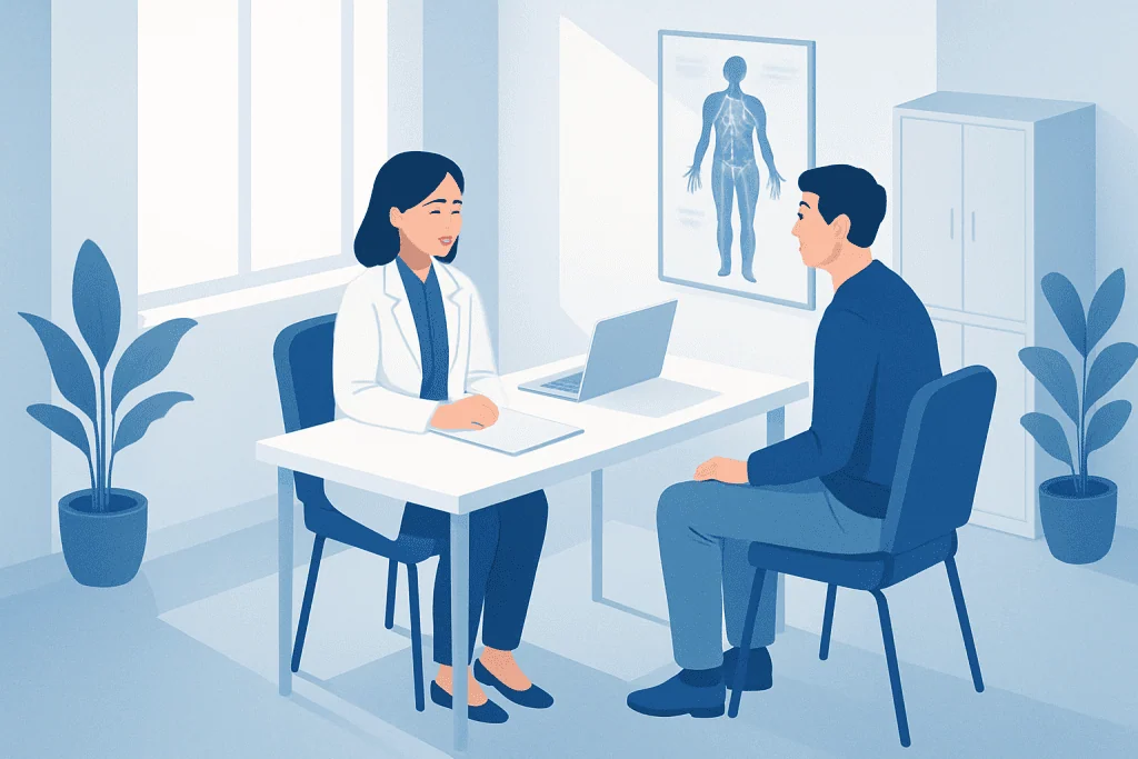 Doctor consulting with patient in a medical office with an anatomical chart.