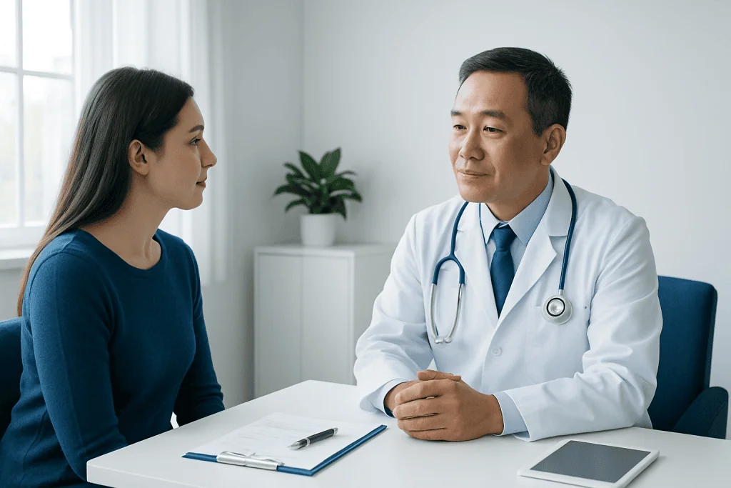 Doctor consulting with a female patient in a modern clinic setting.