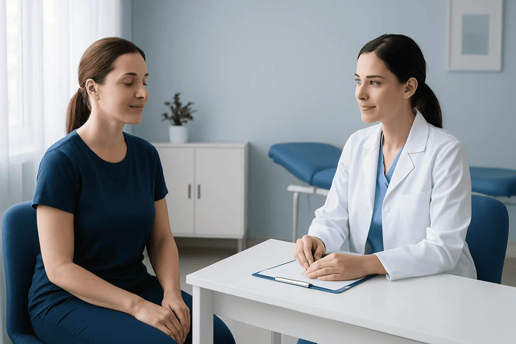 Patient consulting with a healthcare professional in a medical office.
