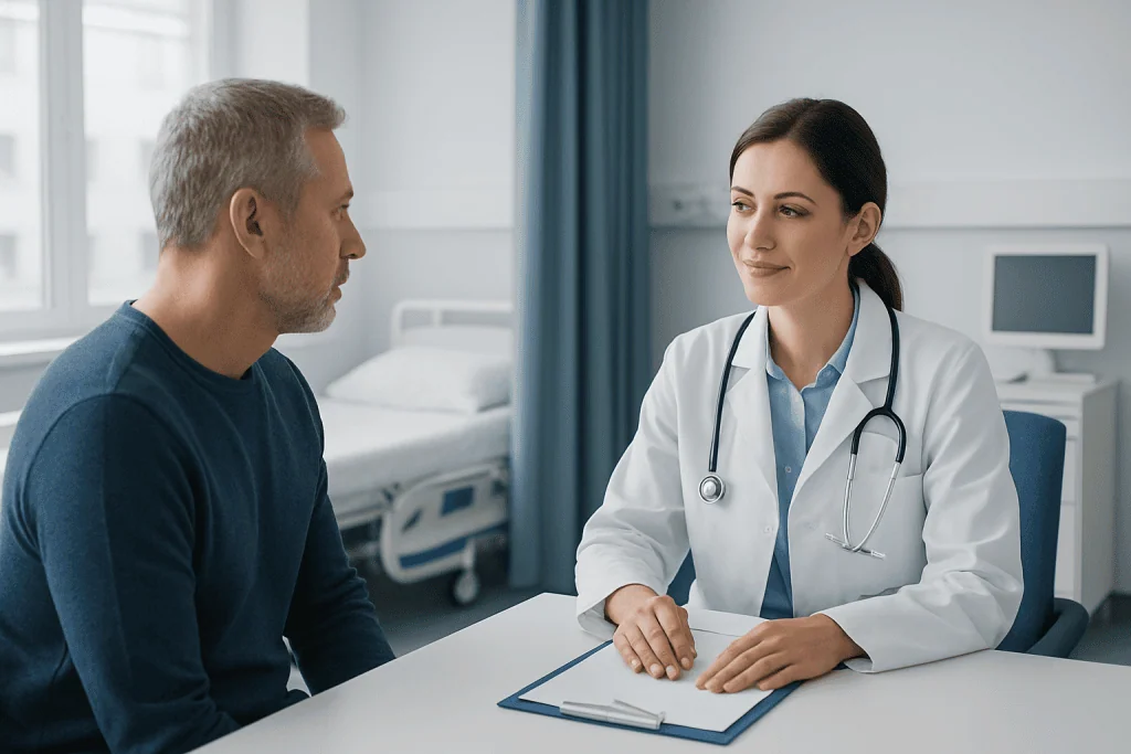 Doctor consulting with patient in hospital room at Acibadem Hospitals Group.
