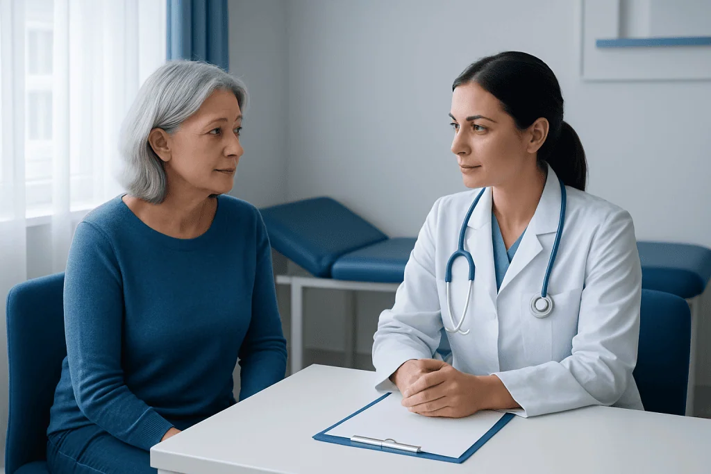 Doctor consulting with an elderly female patient in a medical office.