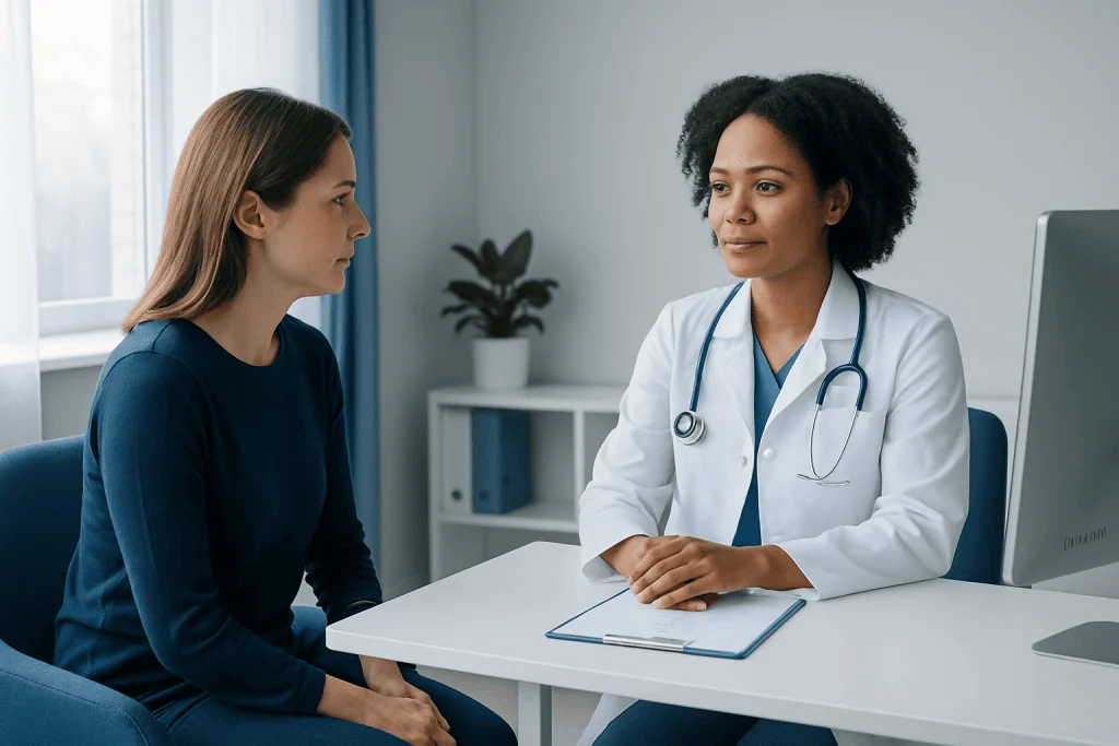 Doctor consulting with a patient in a medical office setting.