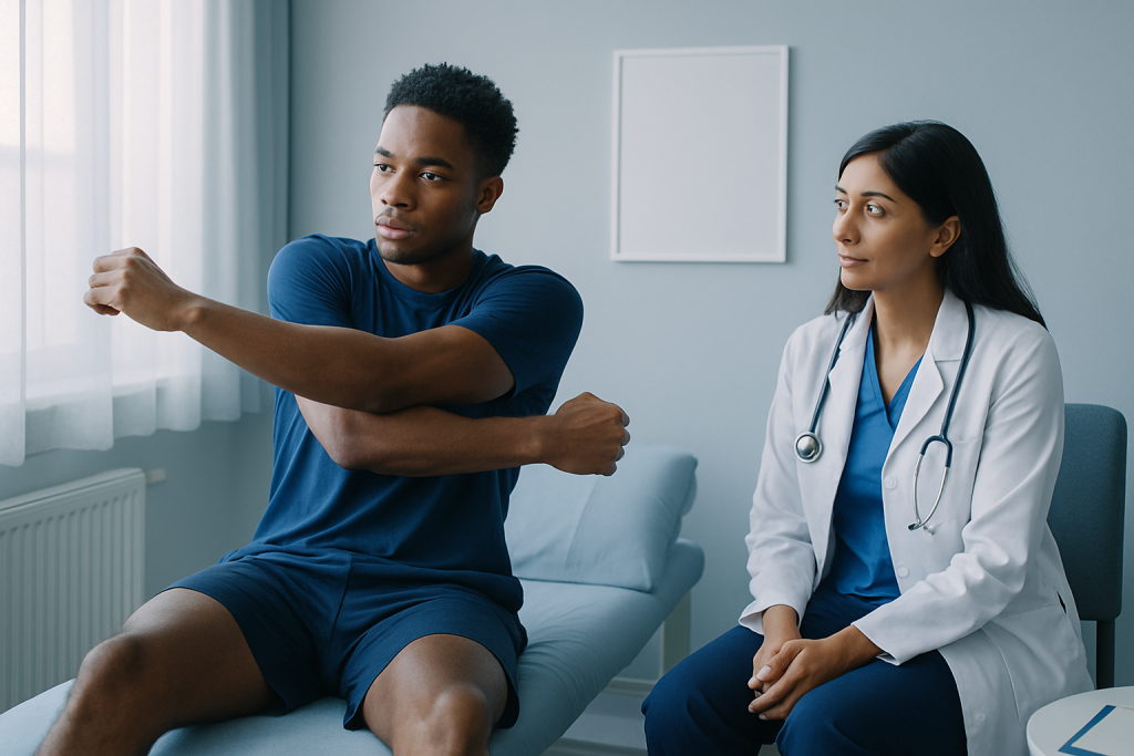 Doctor examining a young male patient performing a stretching exercise.