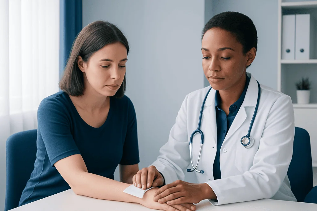 Doctor examining patient's arm in a medical consultation.