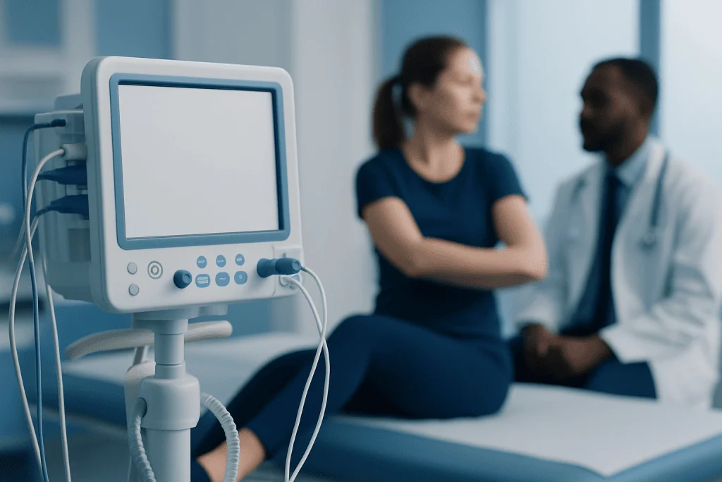 Medical monitor in a hospital room with a patient and doctor in the background.