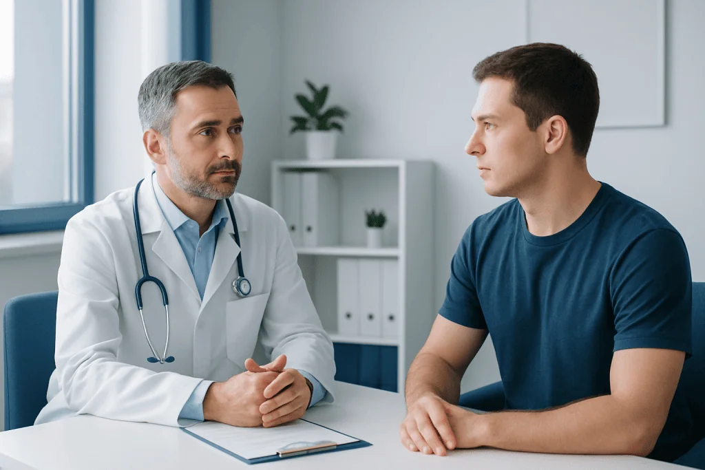 Doctor consulting with a young male patient in a medical office.
