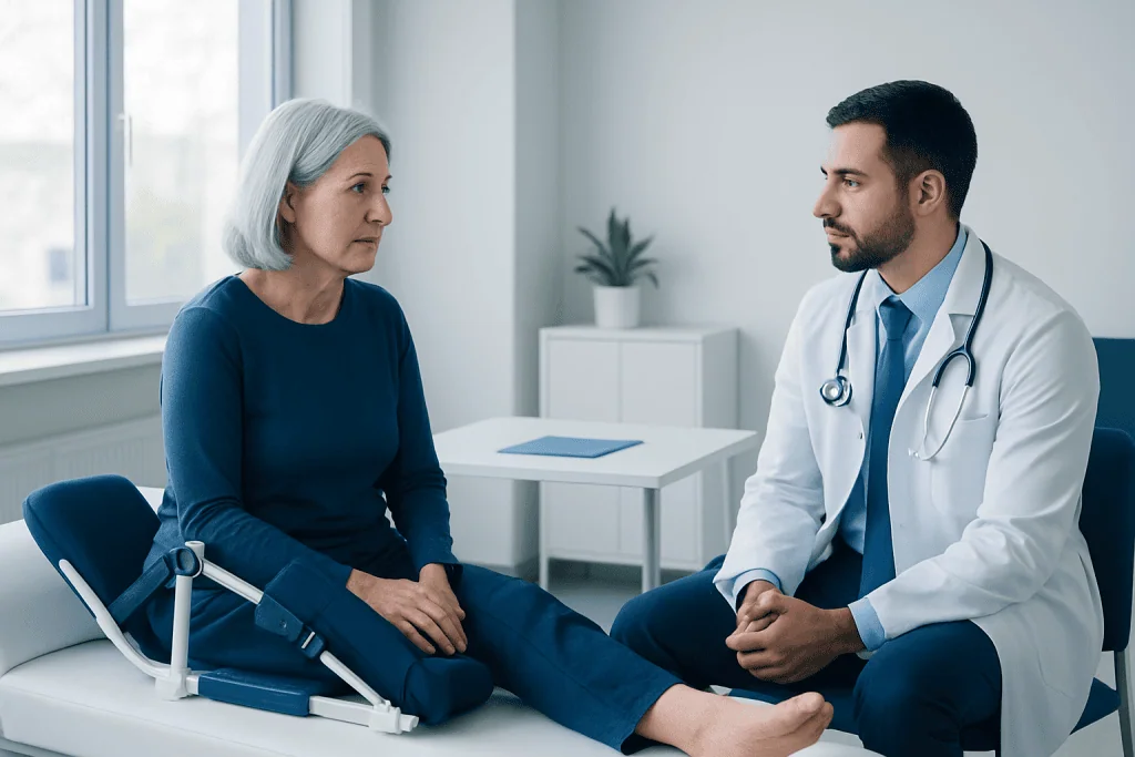 Doctor consulting with an elderly female patient in a hospital room.
