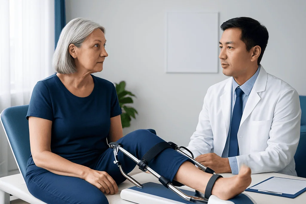 Doctor explains continuous passive motion machine to elderly patient in clinic.