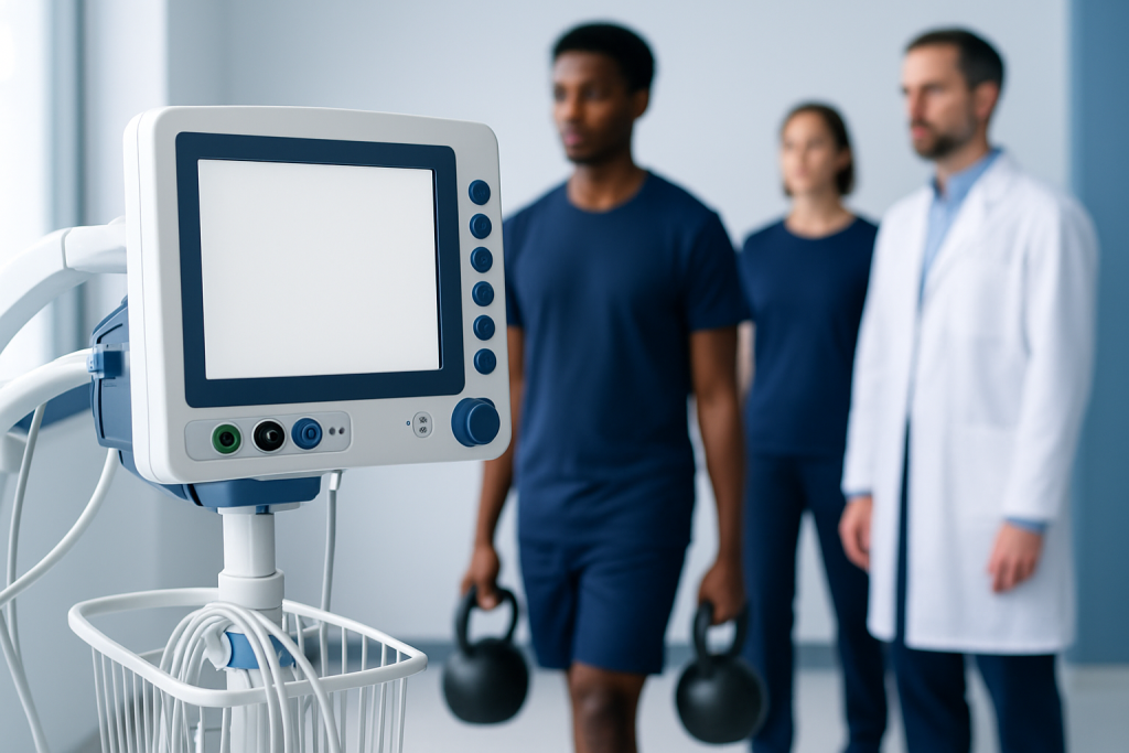 Medical staff and patient in hospital corridor with monitoring equipment.