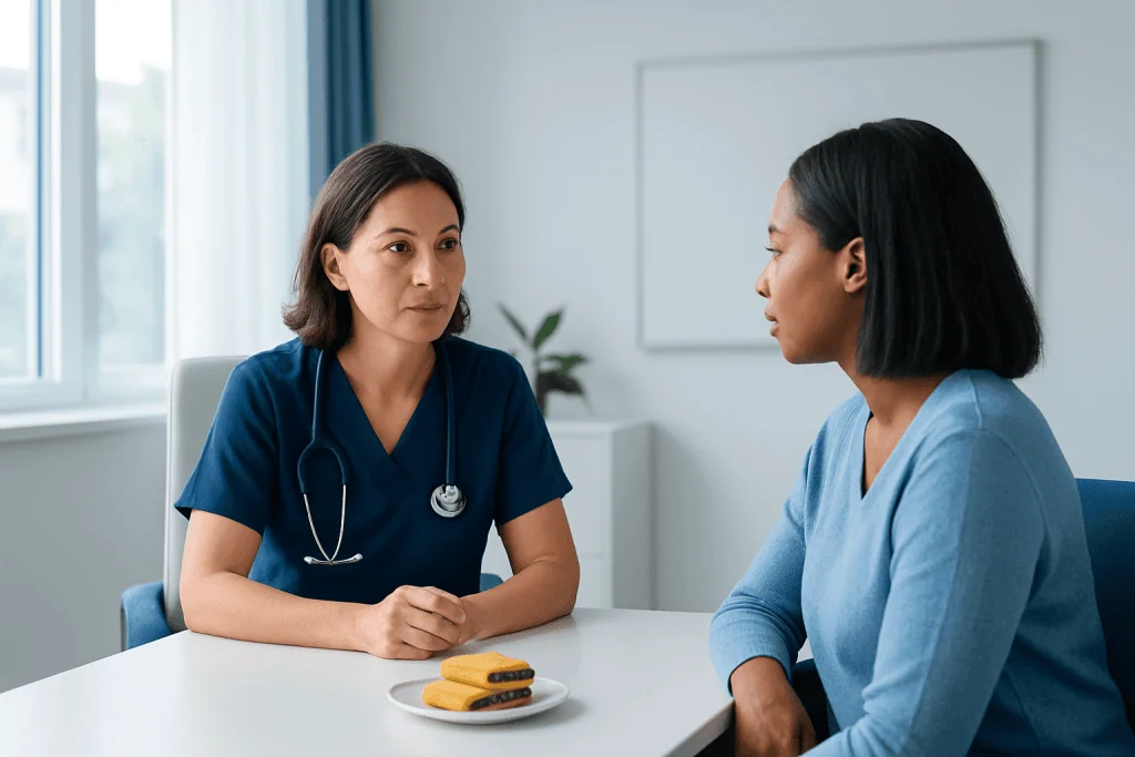 Doctor consulting with patient in a medical office setting.