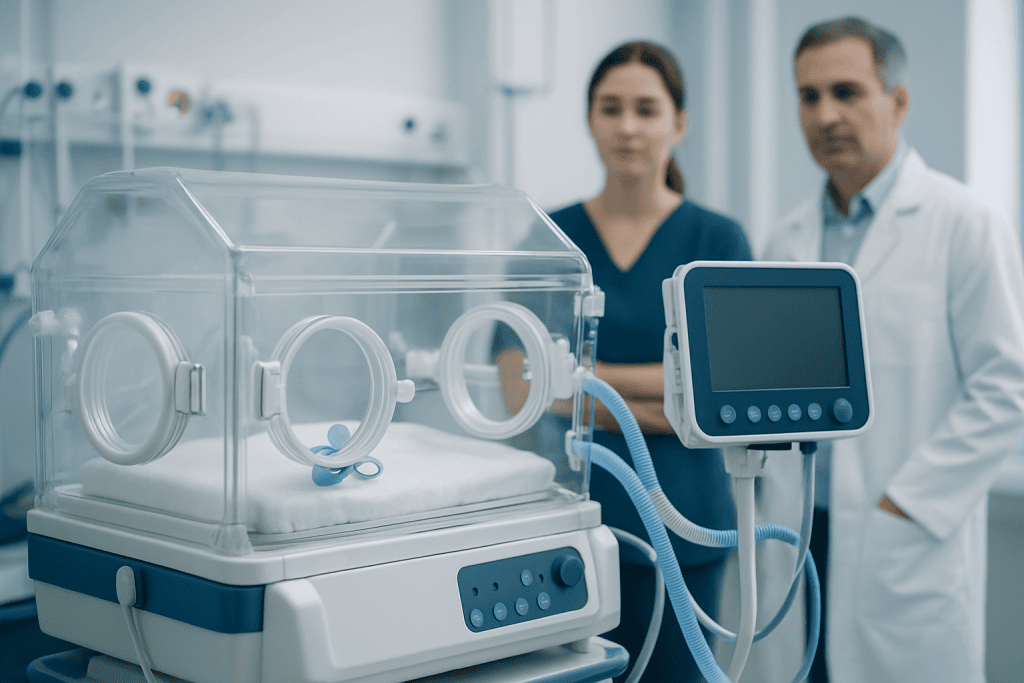 Neonatal incubator in a hospital setting with medical staff in background.