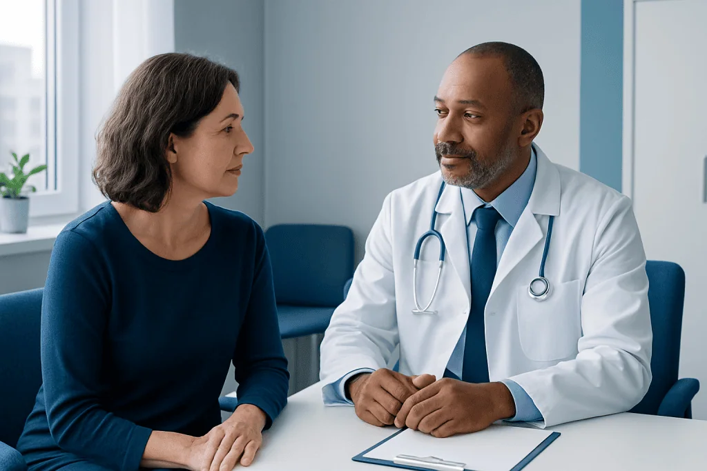 Doctor consulting with a female patient in a modern medical office.