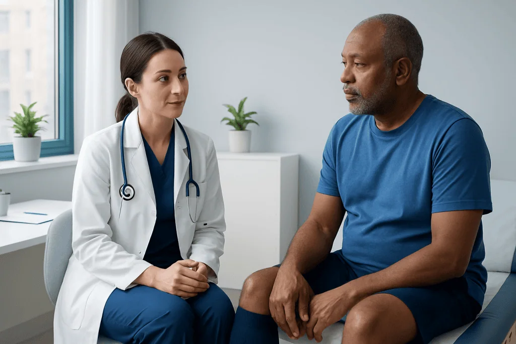 Doctor consulting with male patient in a medical office setting.