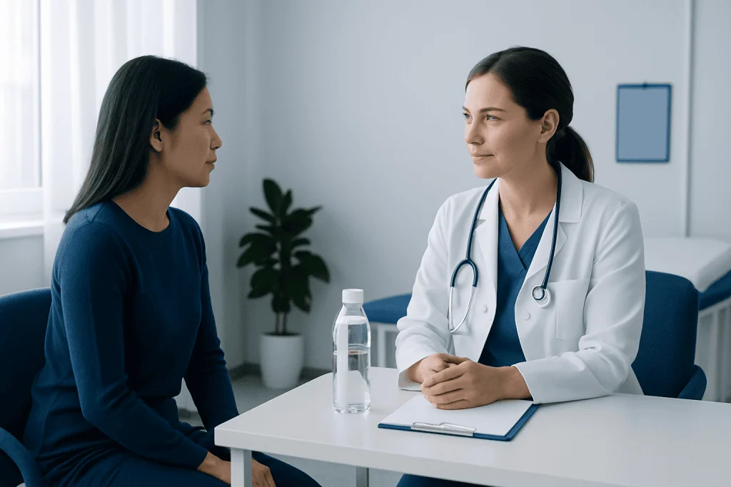 Doctor consulting a patient in a modern hospital room.