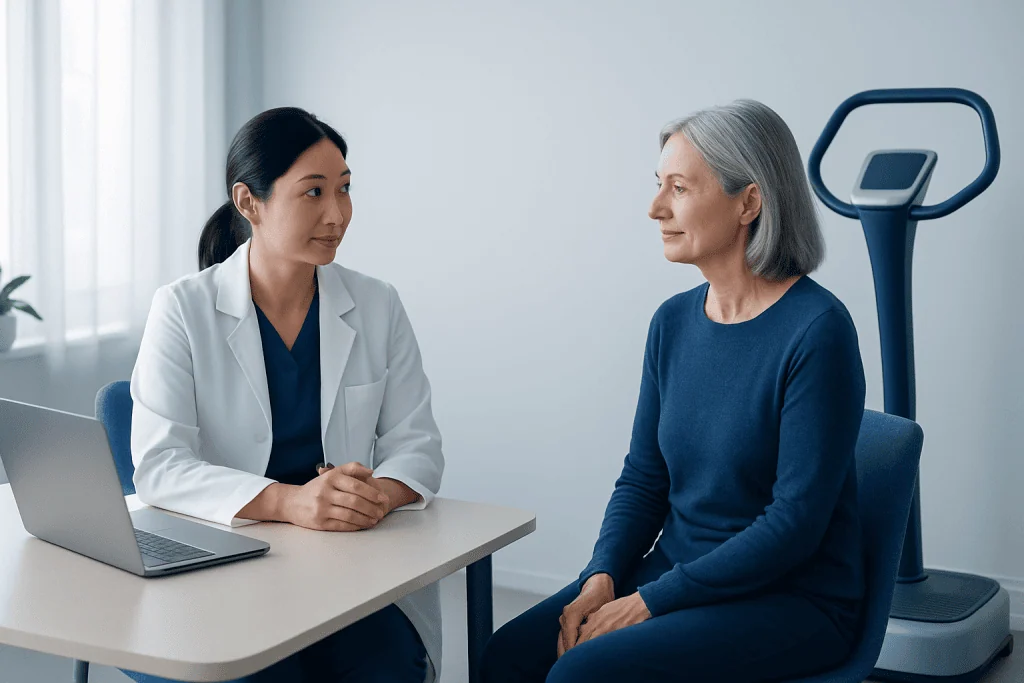 Doctor consulting with an elderly patient in a medical office.