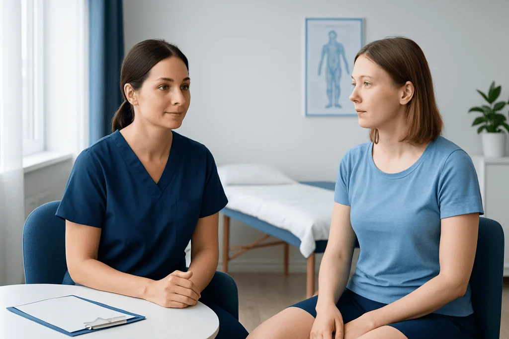 Patient consulting with healthcare professional in a medical office.