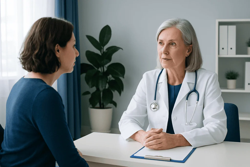 Doctor consulting with a female patient in a modern clinic setting.