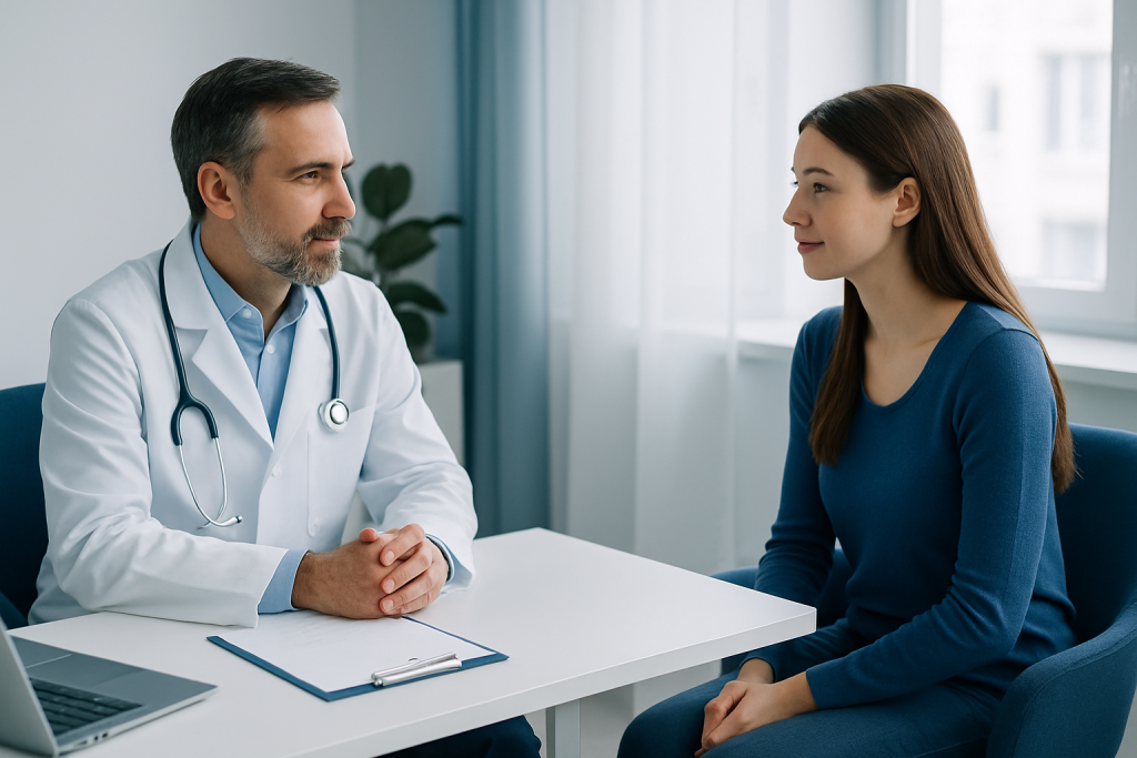 Doctor consulting with a young female patient in a medical office.